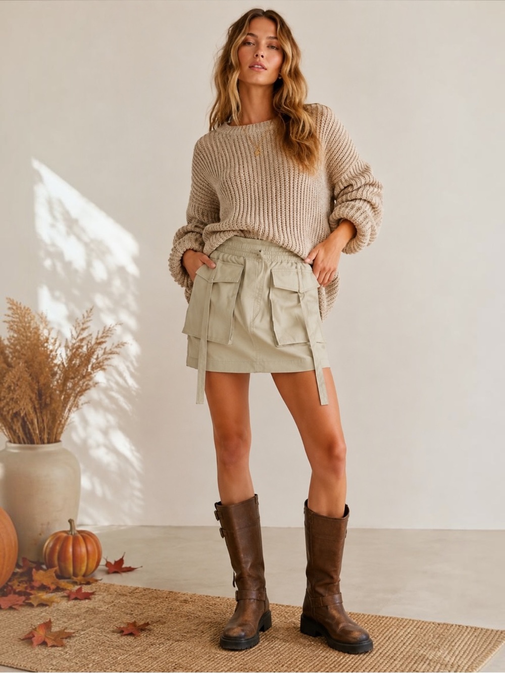 NWT RtA Cargo Mini Skirt Small Khaki Utility Y2K Parachute Pocket Drawstring